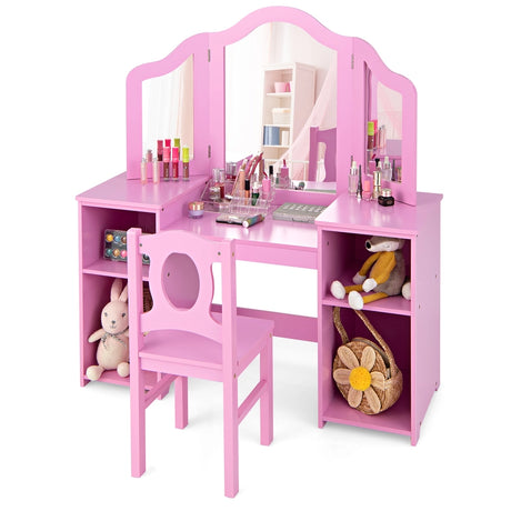 Kids Makeup Desk and Chair Set with Tri-Folding Detachable Mirror-Pink