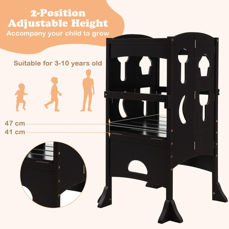 Folding Height Adjustable Kids Step Stool with Safety Latches-Brown