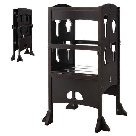 Folding Height Adjustable Kids Step Stool with Safety Latches-Brown
