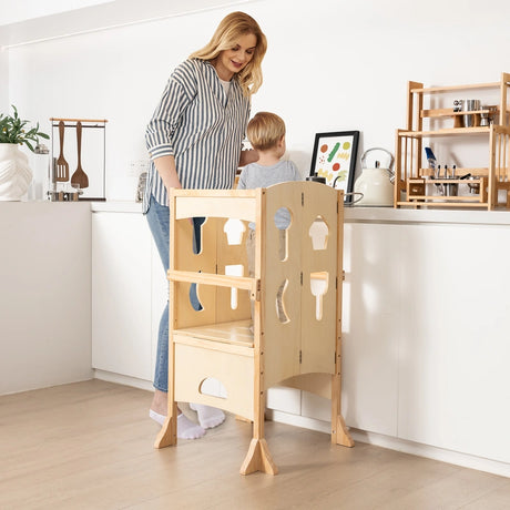 Folding Height Adjustable Kids Step Stool with Safety Latches-Natural