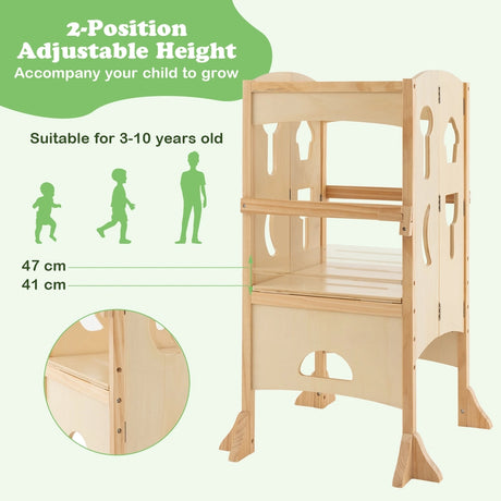 Folding Height Adjustable Kids Step Stool with Safety Latches-Natural