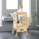 Folding Height Adjustable Kids Step Stool with Safety Latches-Natural