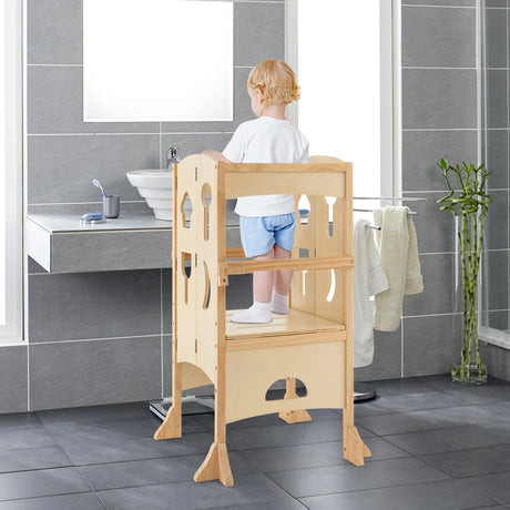 Folding Height Adjustable Kids Step Stool with Safety Latches-Natural