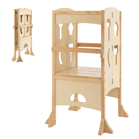 Folding Height Adjustable Kids Step Stool with Safety Latches-Natural
