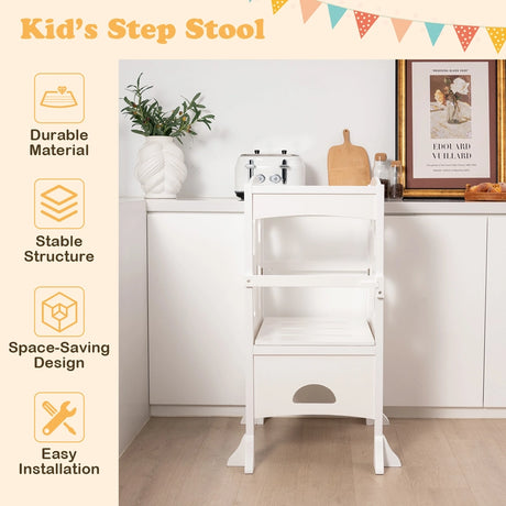 Adjustable Kid's Kitchen Step Stool with Protective Guardrails