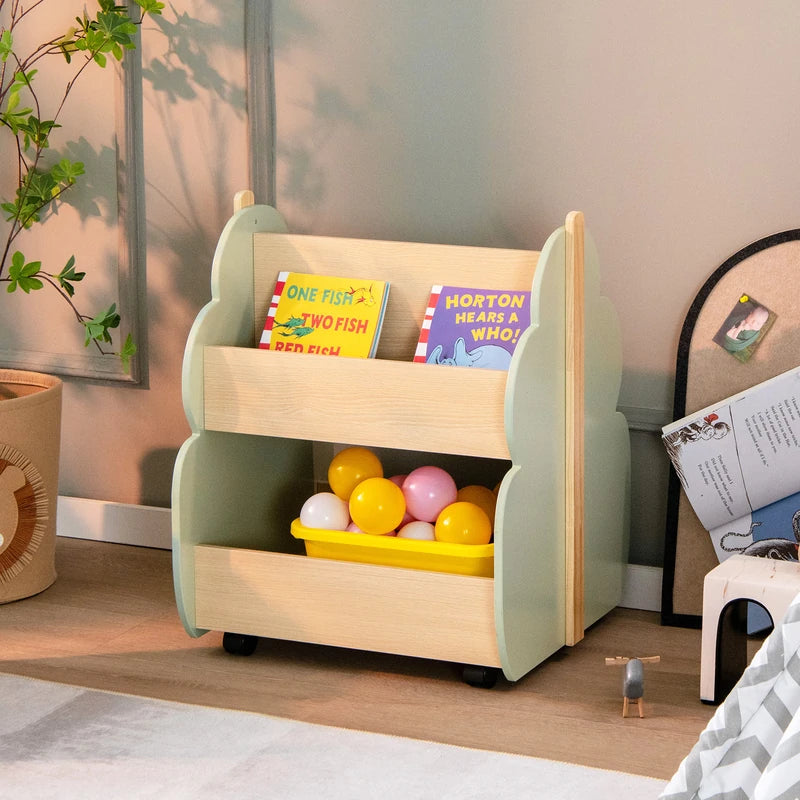 Kids Wooden Bookshelf with Universal Wheels
