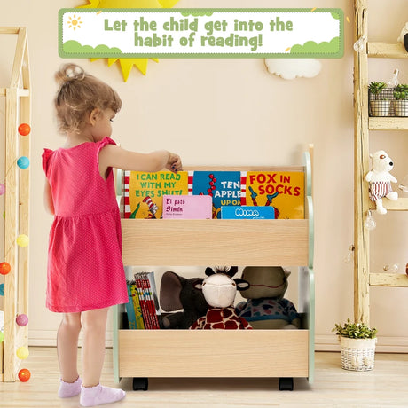 Kids Wooden Bookshelf with Universal Wheels