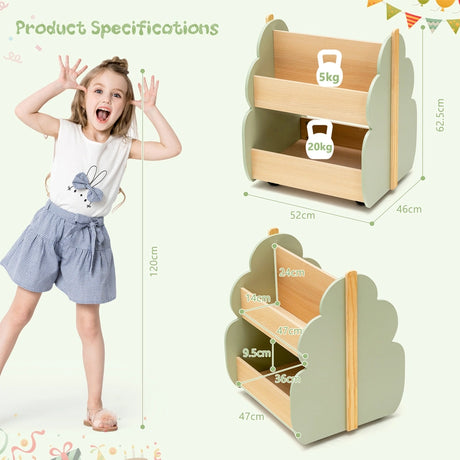 Kids Wooden Bookshelf with Universal Wheels