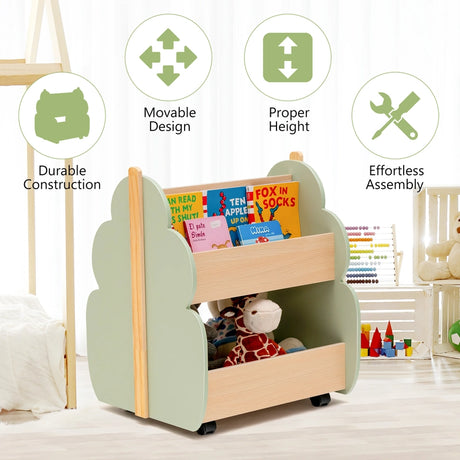 Kids Wooden Bookshelf with Universal Wheels