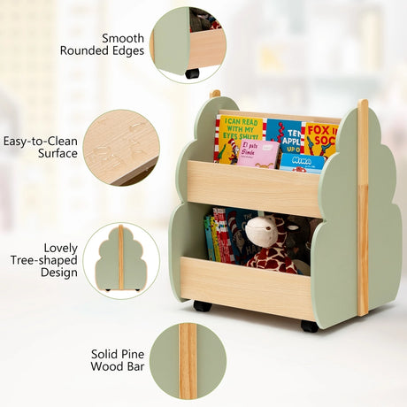 Kids Wooden Bookshelf with Universal Wheels