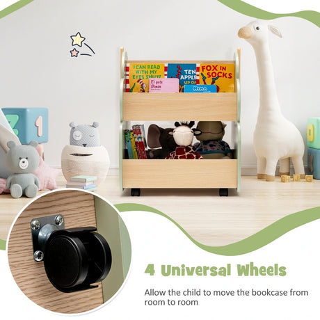 Kids Wooden Bookshelf with Universal Wheels
