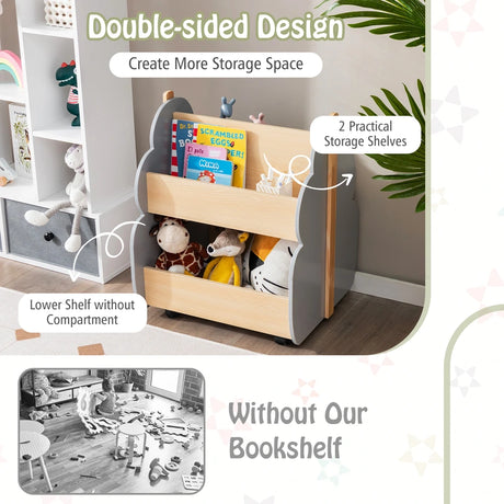 Kids Wooden Bookshelf with Universal Wheels for Children