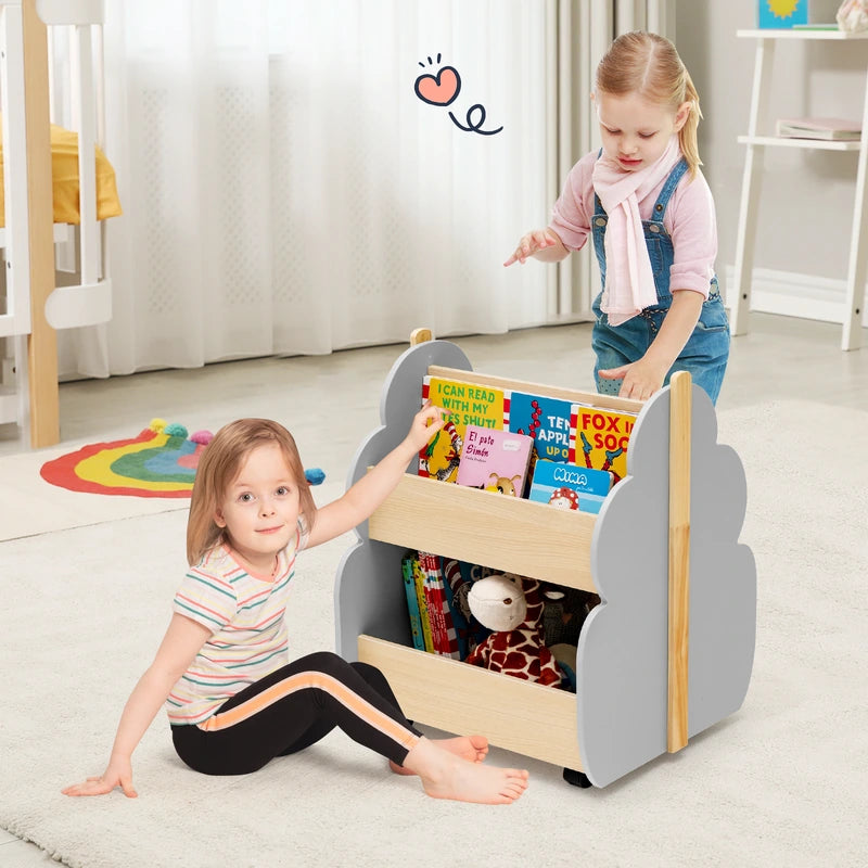 Kids Wooden Bookshelf with Universal Wheels for Children