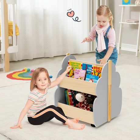 Kids Wooden Bookshelf with Universal Wheels for Children