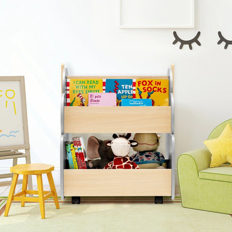 Kids Wooden Bookshelf with Universal Wheels for Children