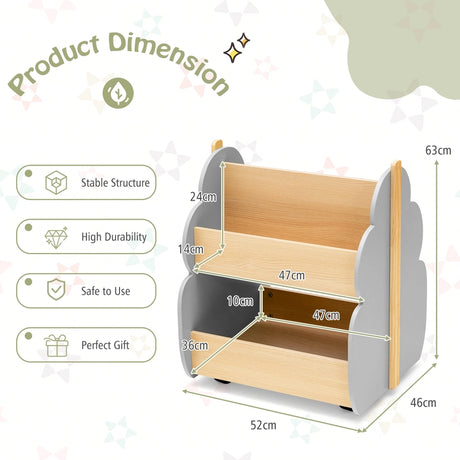 Kids Wooden Bookshelf with Universal Wheels for Children