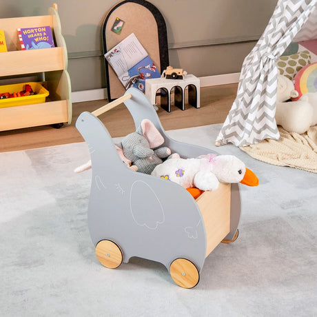 Kids Wooden Grocery Shopping Cart with Rubber Wheels for Over 3 Years Old