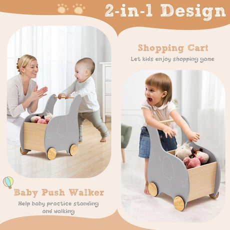 Kids Wooden Grocery Shopping Cart with Rubber Wheels for Over 3 Years Old