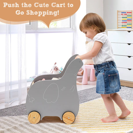 Kids Wooden Grocery Shopping Cart with Rubber Wheels for Over 3 Years Old