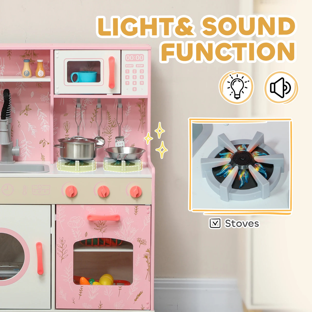 AIYAPLAY Play Kitchen, Kids Kitchen Set with Lights and Sounds, Double Stoves, Ice Maker, Chalkboard for 3+ Years, Pink