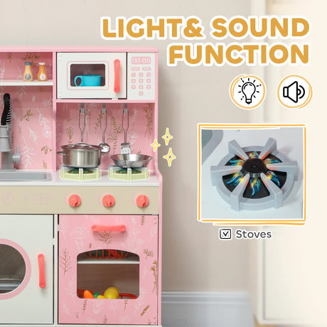 AIYAPLAY Play Kitchen, Kids Kitchen Set with Lights and Sounds, Double Stoves, Ice Maker, Chalkboard for 3+ Years, Pink