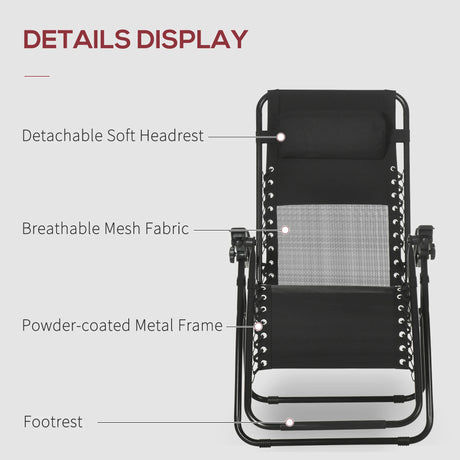 Outsunny Garden Recliner Chairs Set of 2, Outdoor Foldable Zero Gravity Chairs Set w/ Footstool and Detachable Headrest, Black