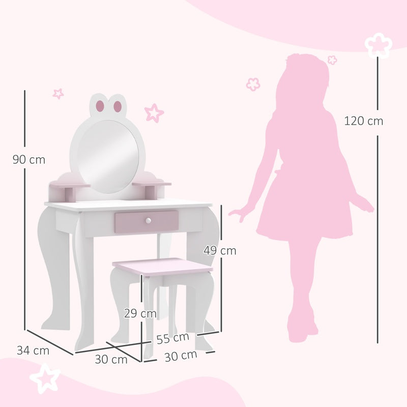 ZONEKIZ Bunny-Design Kids Dressing Table, with Mirror and Stool - White and Pink