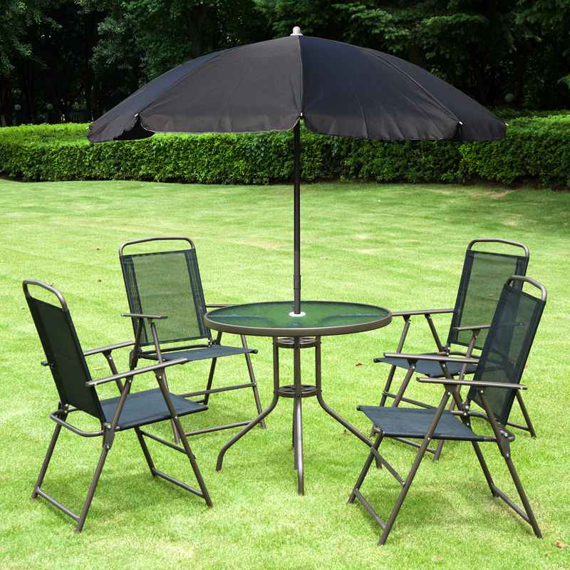 Outsunny 6 Piece Garden Dining Set with Umbrella, Patio Sets with Parasol with 4 Folding Dining Chairs & Round Tempered Glass Table, Black