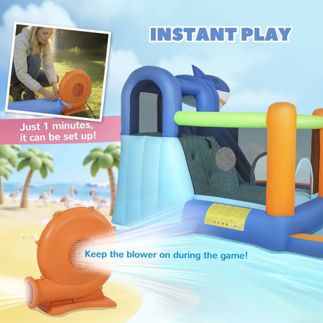 AIYAPLAY Inflatable Bouncy Castle for Kids, Sharks Theme Jumping Bounce House with Slide, Climbing Wall for Indoor Outdoor
