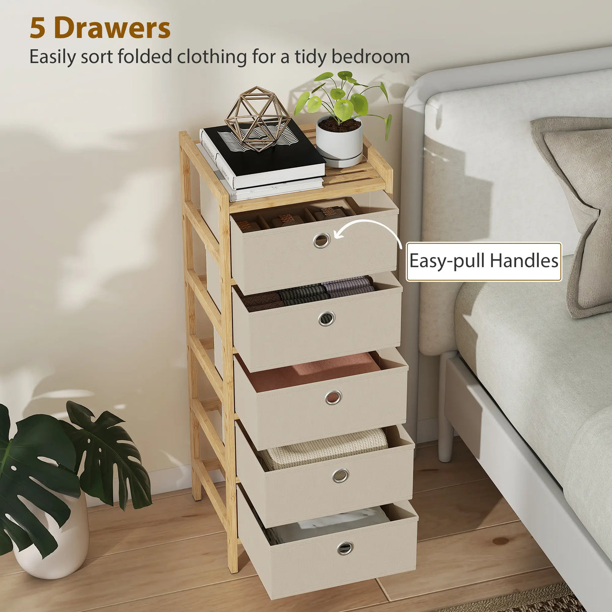 HOMCOM Chest of Drawers, 5 Fabric Drawers Narrow Dresser with Bamboo Frame, Cream White