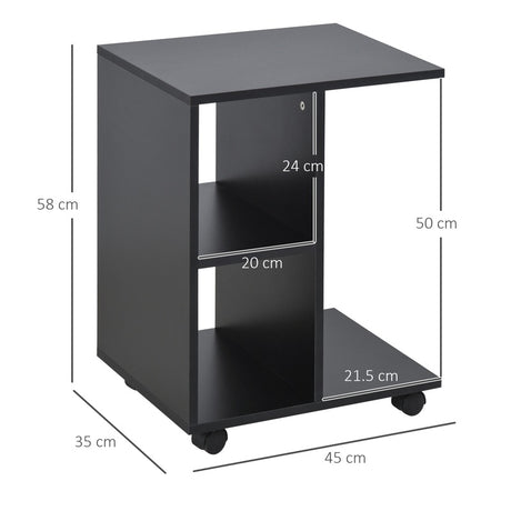 HOMCOM C-Shape End Table Unique Storage Unit w/ 2 Shelves 4 Wheels Freestanding Home Furniture Cabinet Square Black