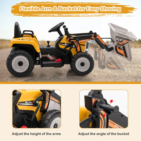 12V Battery Powered Loader Digger with Adjustable Arm and Bucket-Yellow