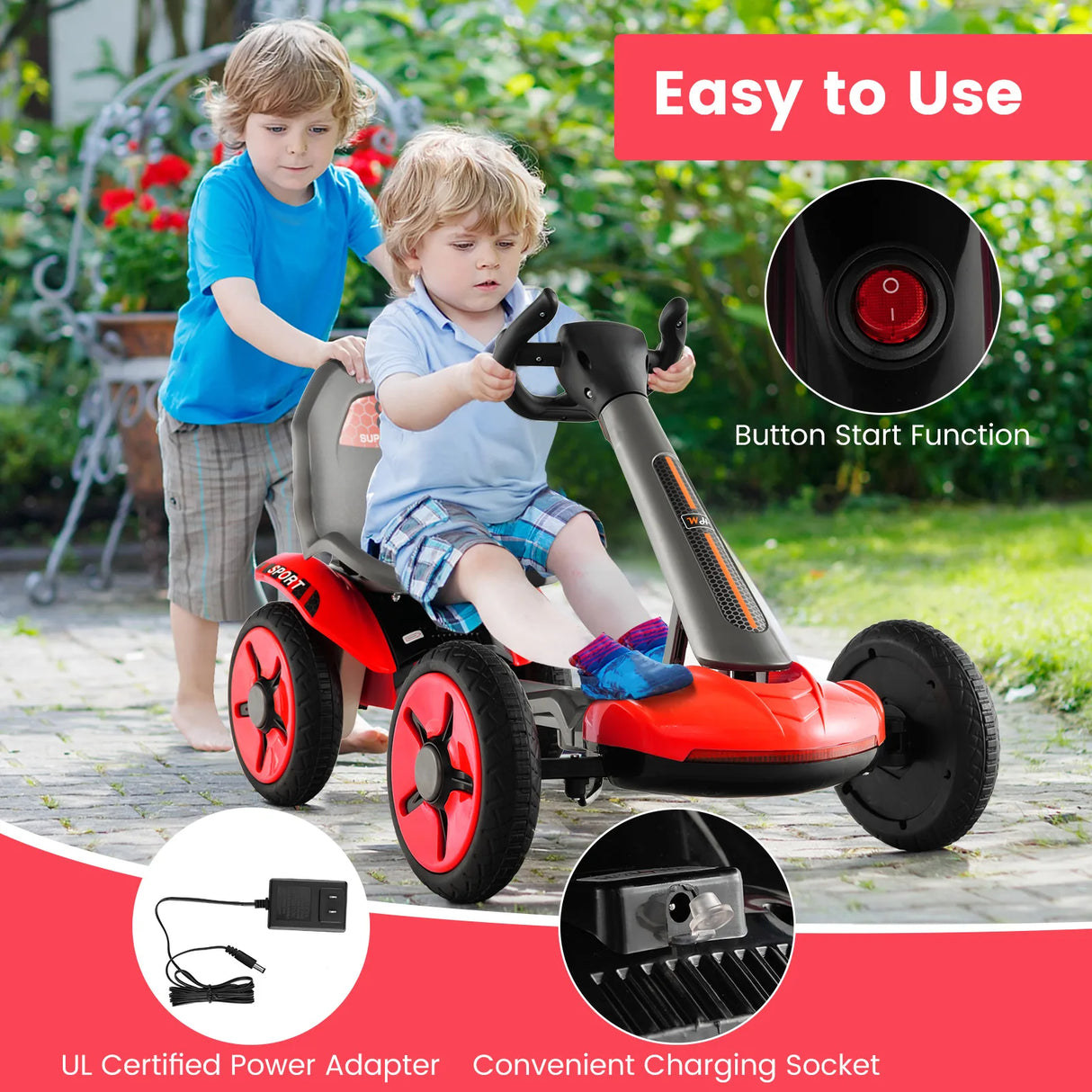 12V Electric Ride on Car with Adjustable Steering Wheel and Seat-Red