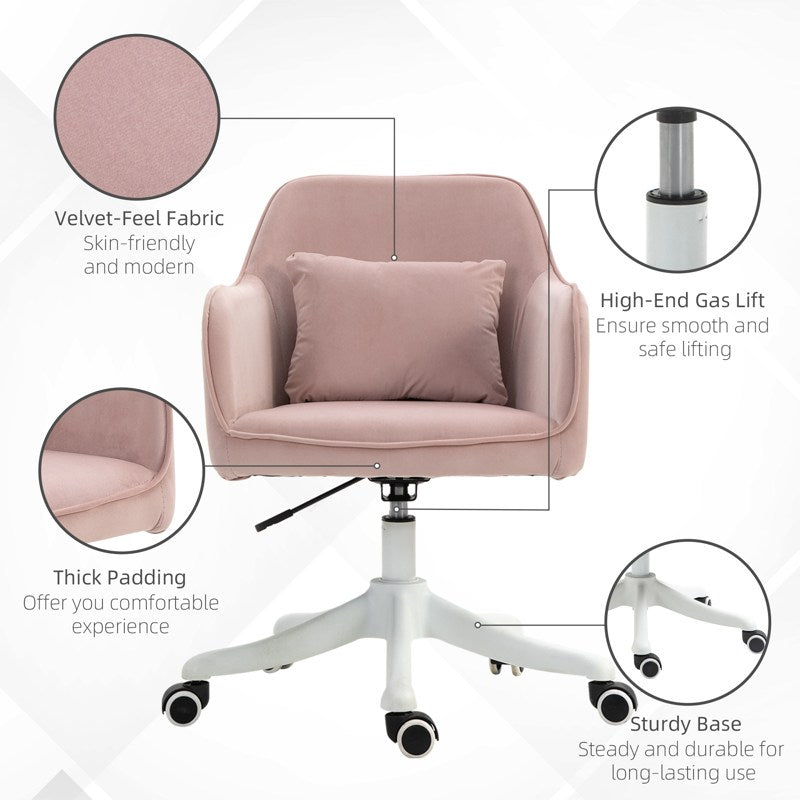 Vinsetto Velvet Office Chair, Desk Chair, Makeup Vanity Chair with Massage Lumbar Pillow and Rolling Wheels for Bedroom and Home, Pink