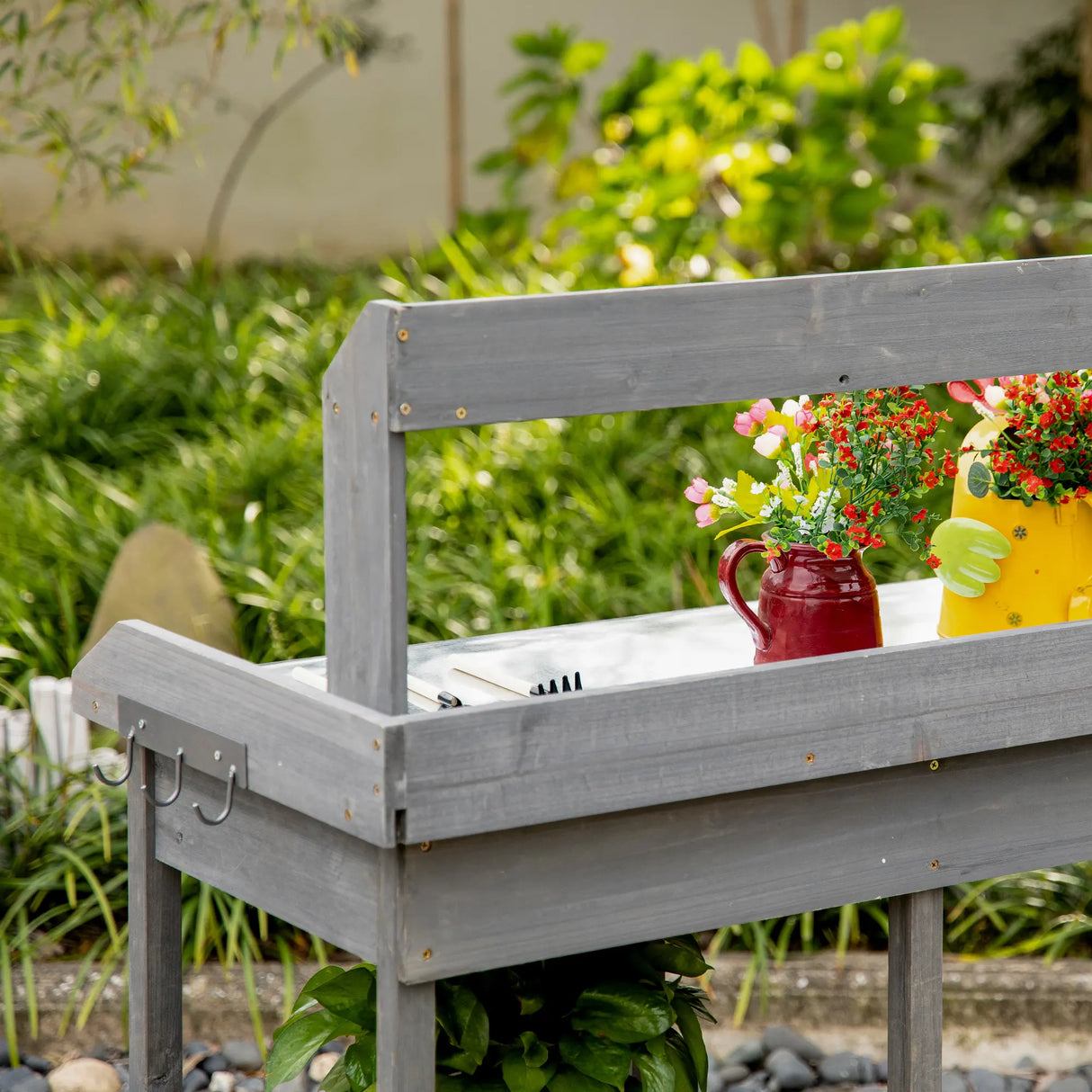 Outsunny Garden Potting Table with Storage, Workbench, Metal Top, Storage Shelves & Hooks for Patio, Courtyard, Wooden
