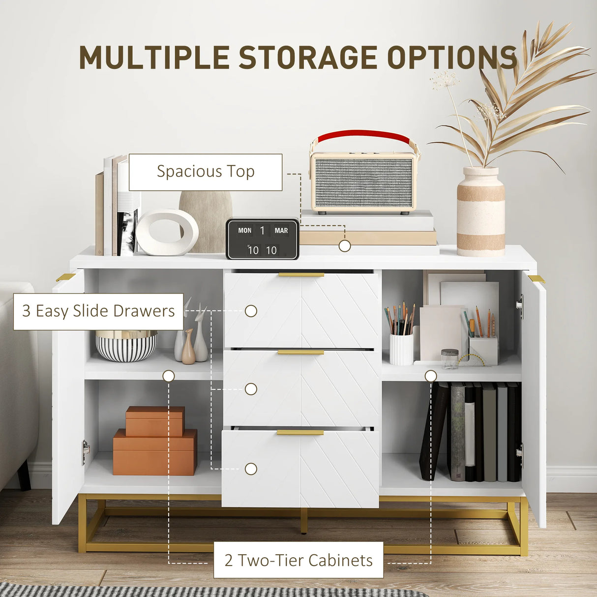 HOMCOM Sideboard with 3 Drawers and Adjustable Shelves for Living Room - White