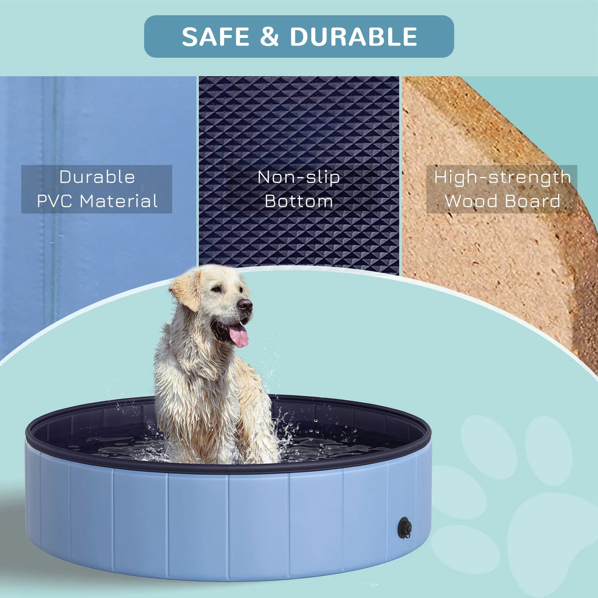 PawHut Dog Paddling Pool, Foldable Dog Pool, Leakproof & Hard Plastic, Portable Pet Bathtub with Non-Slip Base & Drainage Hole, for Indoors, Outdoors, Garden, Patio, 120 x 30 cm, Blue