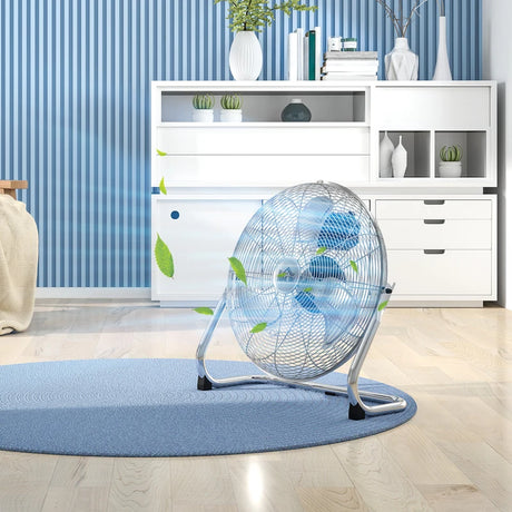 HOMCOM 20 Inches Chrome Metal Floor Fan, High Power 3-Speed Home Gym with Adjustable Head, Portable Desk & Table Fan for Home Office, Powerful Airflow, Quiet Operation
