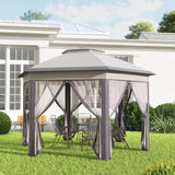 Outsunny 3 x 4m Garden Gazebo Hexagon Pop Up Gazebo Party Tent Canopy Double Roof Instant Shelter with Netting and Carry Bag for Outdoor Patio, Beige