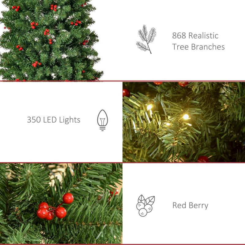 HOMCOM 7FT Prelit Artificial Pencil Christmas Tree with Warm White LED Light, Red Berry, Holiday Home Xmas Decoration, Green