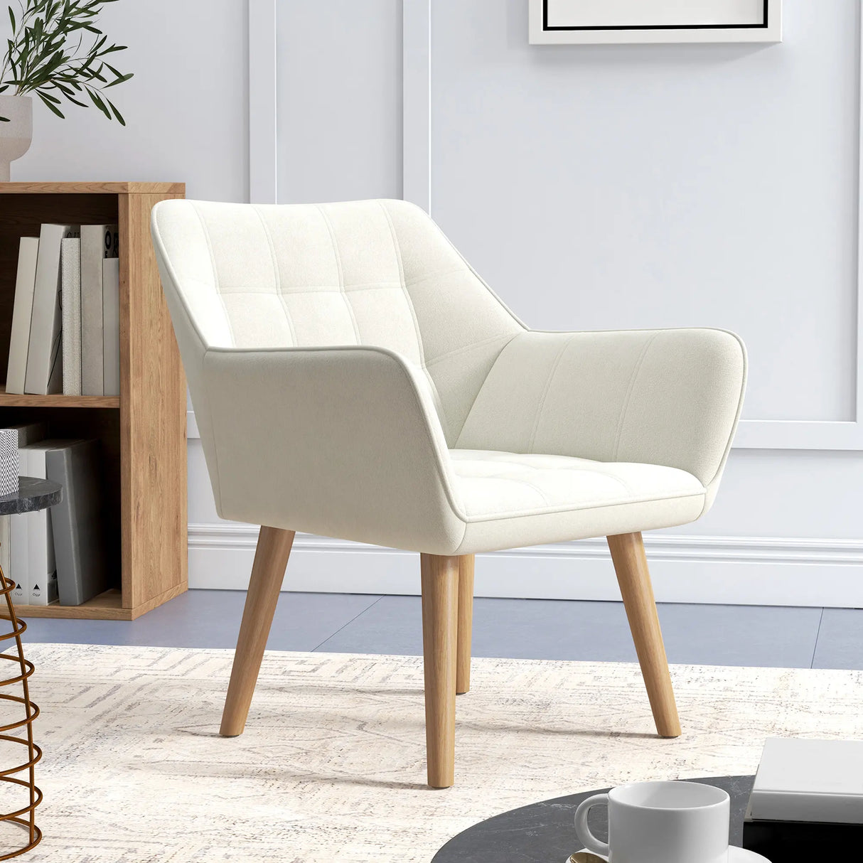 Set of 2 Accent Chair, Arm Chair with Slanted Back, Thick Padding and Rubber Wooden Legs for Living Room, Cream White