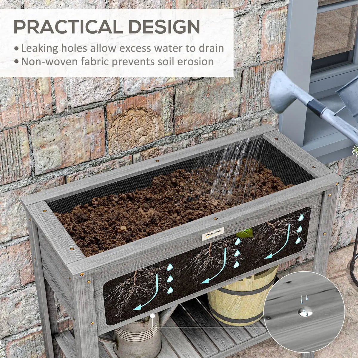 Outsunny Wooden Raised Garden Bed, Elevated Planter Box with Storage Shelf and Drainage Holes, Raised Planter with Legs, Grey