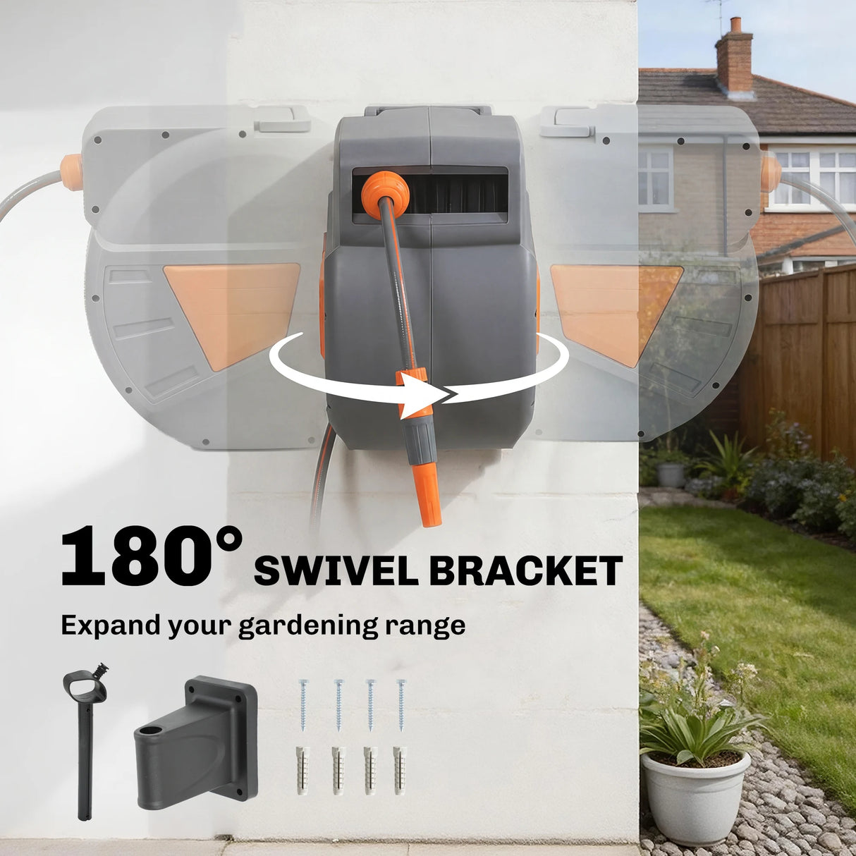 Outsunny Retractable Hose Reel Wall Mounted, 15+1.6m Garden Hose Pipe Reel with Auto Retraction, Self-Locking, Orange