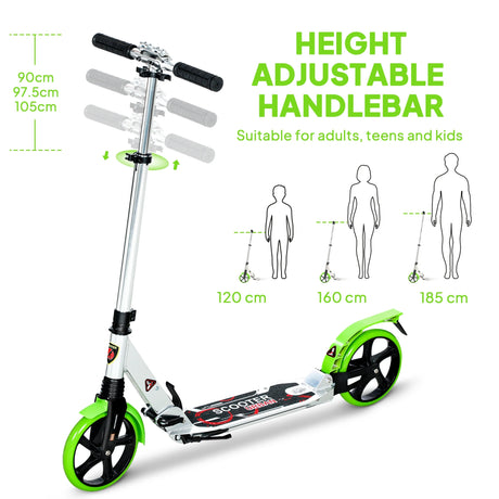 HOMCOM Folding Kick Scooter, Adjustable Ride On Scooter with 200mm Big Wheels and Double Shock Absorption, Urban Scooter for 14+ Teens Adult, Green