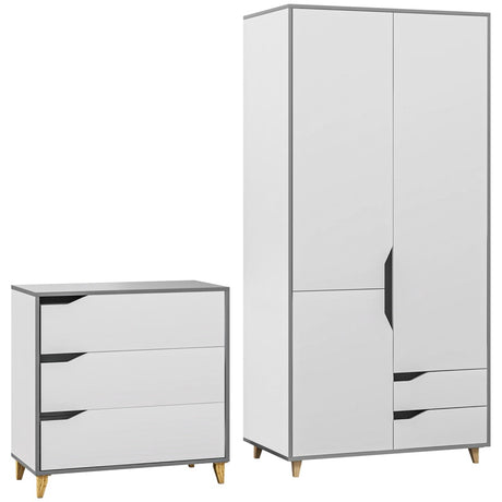 HOMCOM Bedroom Furniture Set, Wardrobe with Hanging Rail, 3 Drawer Chest of Drawers with Cut-out Handles, Grey and White