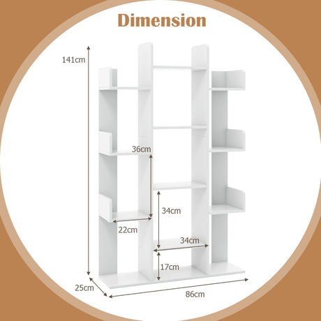 Tree-Shaped Bookshelf with 13 Compartments-White