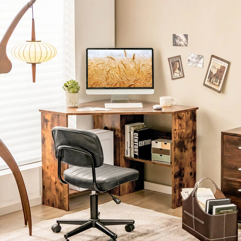 Corner Computer Desk Triangle Writing Workstation with Storage Shelf-Rustic Brown