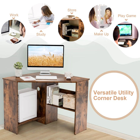 Corner Computer Desk Triangle Writing Workstation with Storage Shelf-Rustic Brown