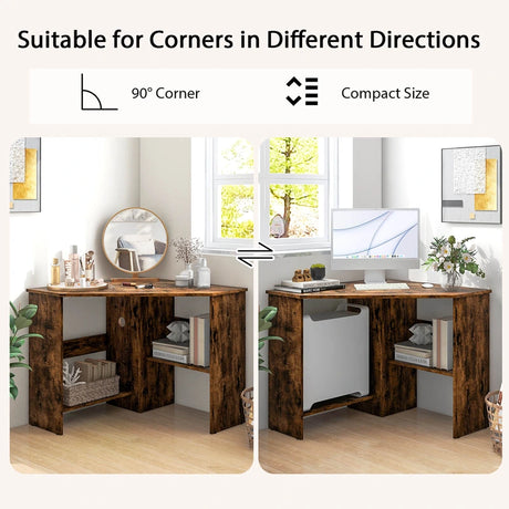 Corner Computer Desk Triangle Writing Workstation with Storage Shelf-Rustic Brown