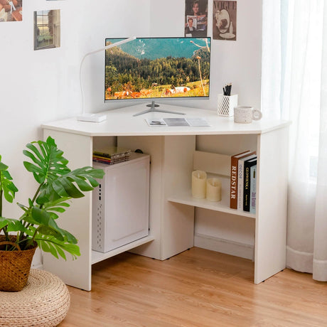 White Corner Computer Desk with Management Hole for Home Office